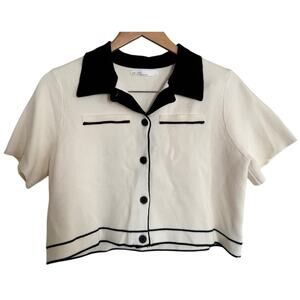 Oak + Fort Black/White Cropped Knit Preppy Collared Button Down Short Sleeve-M